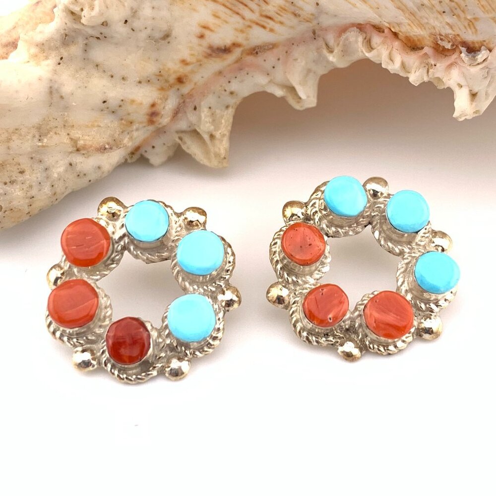 Turquoise Coral Sterling Silver Southwestern Zuni Made Earrings J Lalio J880